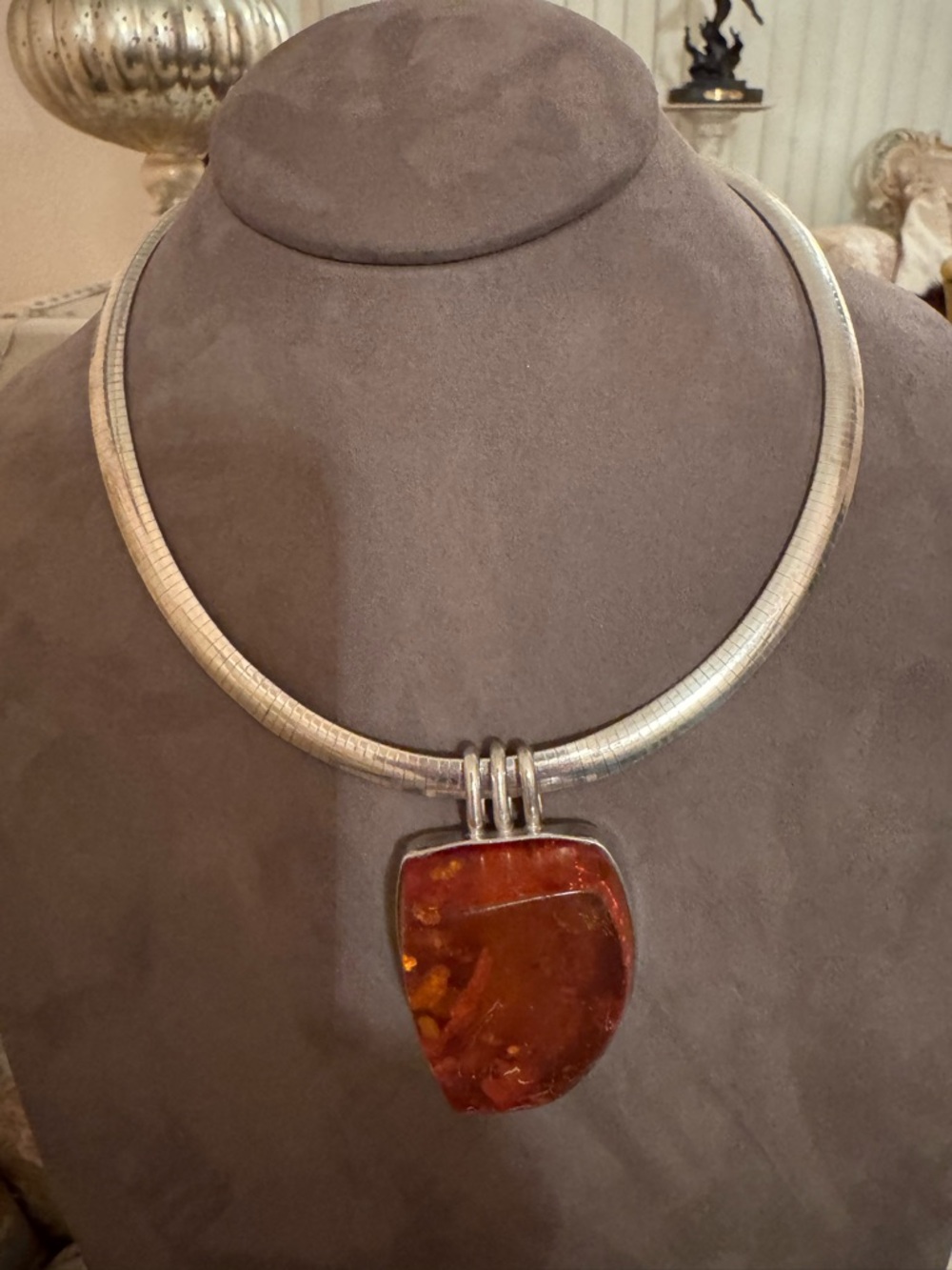 Sterling Collar Necklace with Brown Amber Pendant